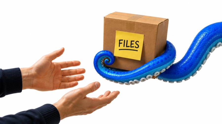 Tentacle handing over a box of files