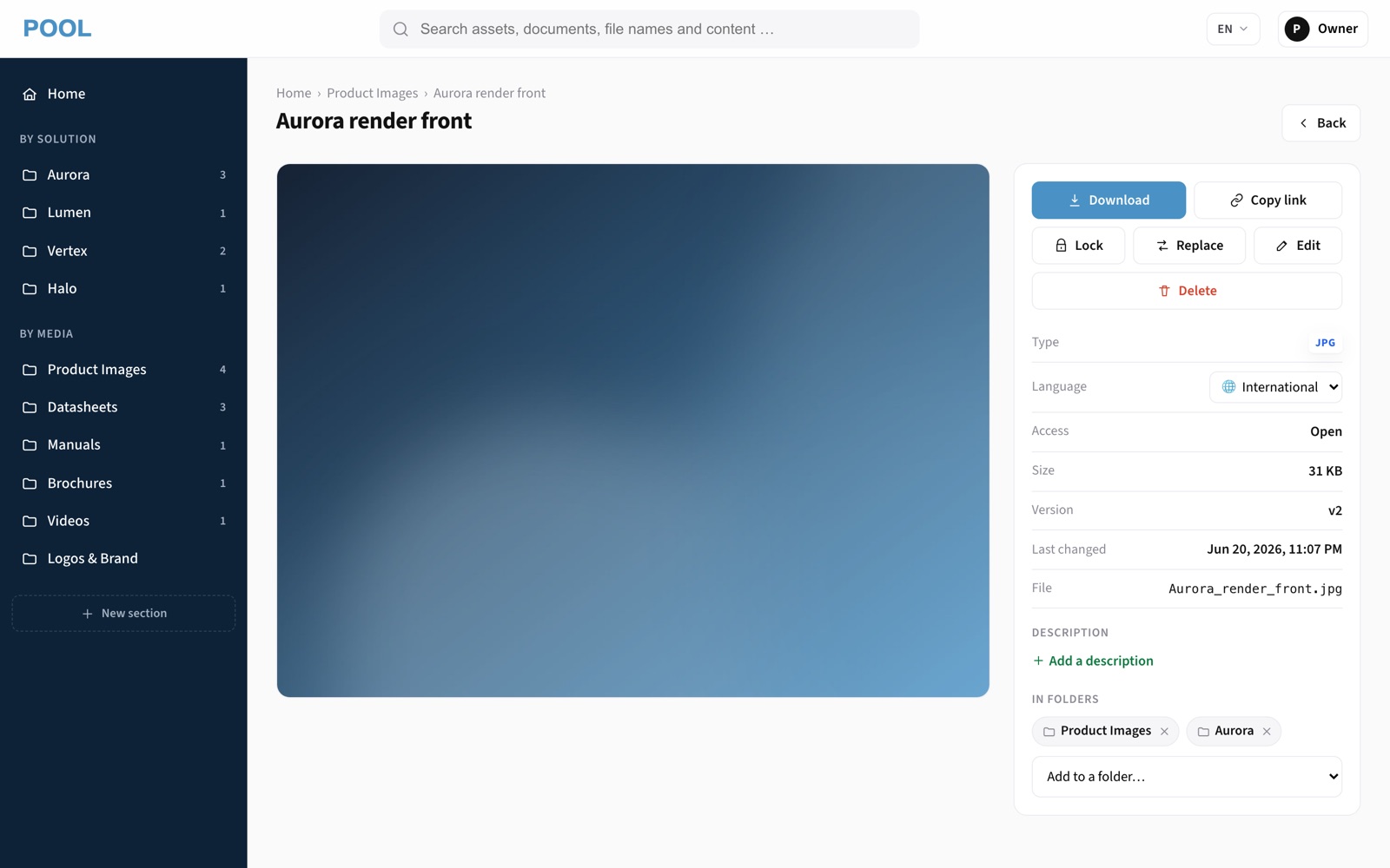 Asset detail page showing version v2, last-changed timestamp and the same asset filed in two folders