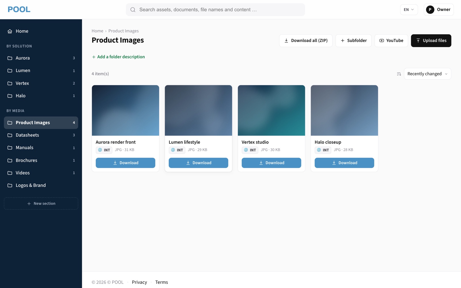 A folder of product images shown as preview cards with language flags, file sizes and download buttons